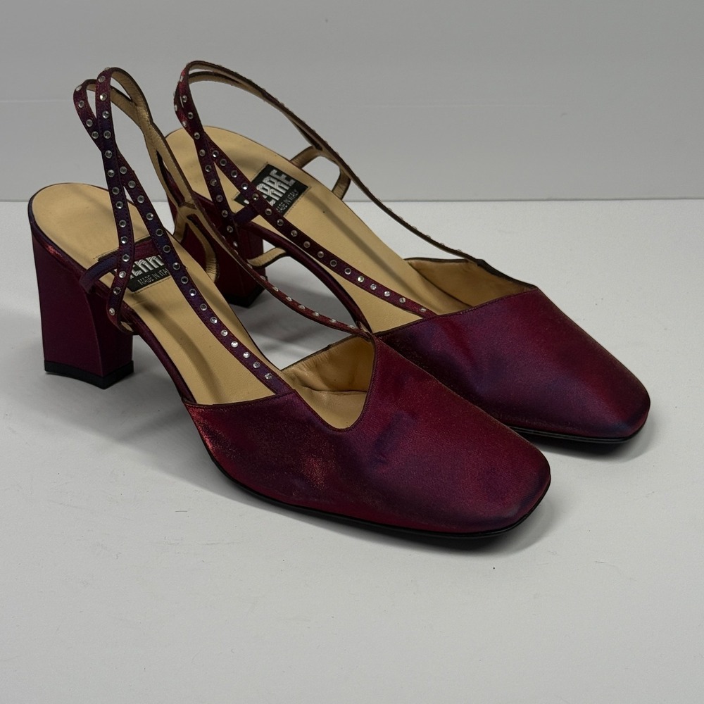Lerre Burgundy Satin Slingback Square Toe Block Heel Strappy Sandals Italy 38.5